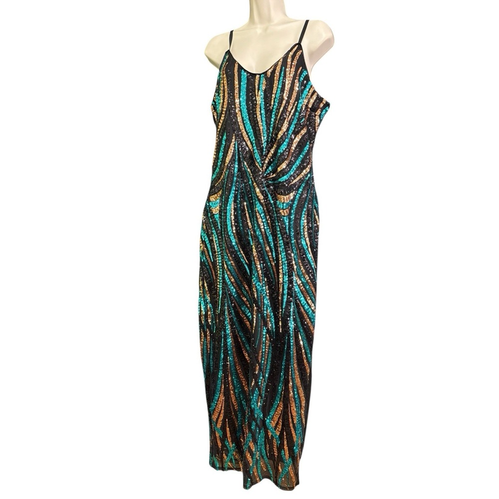 VENUS - Full Length  Sleeveless Sequin Dress - Green‎ Gold Feather Design